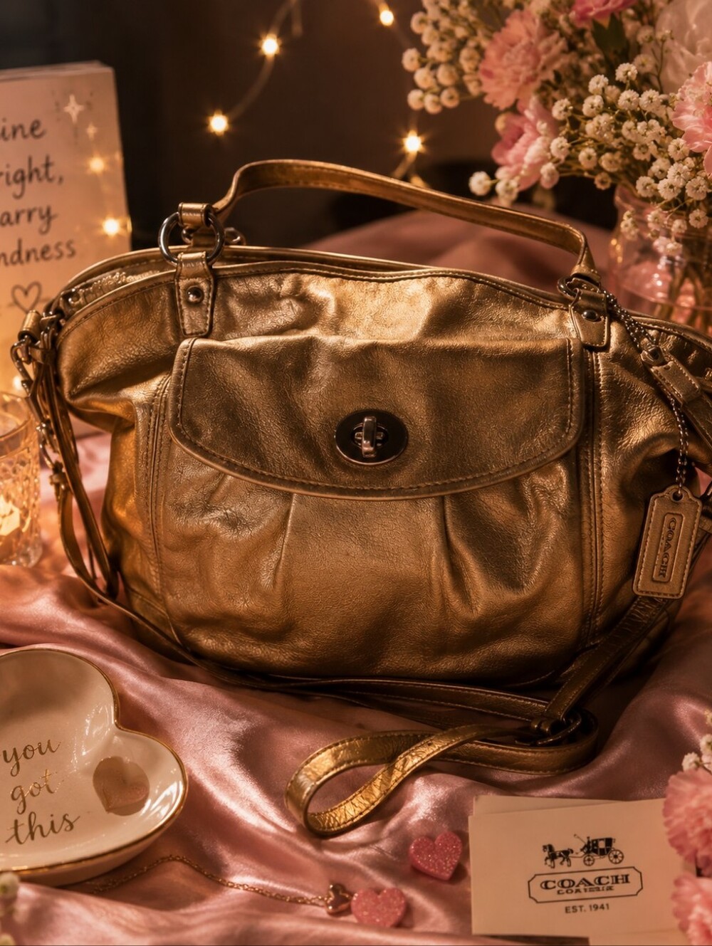 Coach Metallic Bronze Shoulder Bag with Turn-Lock Closure